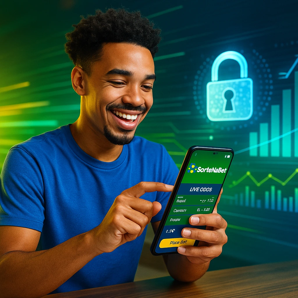 Apostador brasileiro usando o app oficial SorteNaBet no celular, com interface intuitiva, apostas ao vivo e ambiente seguro