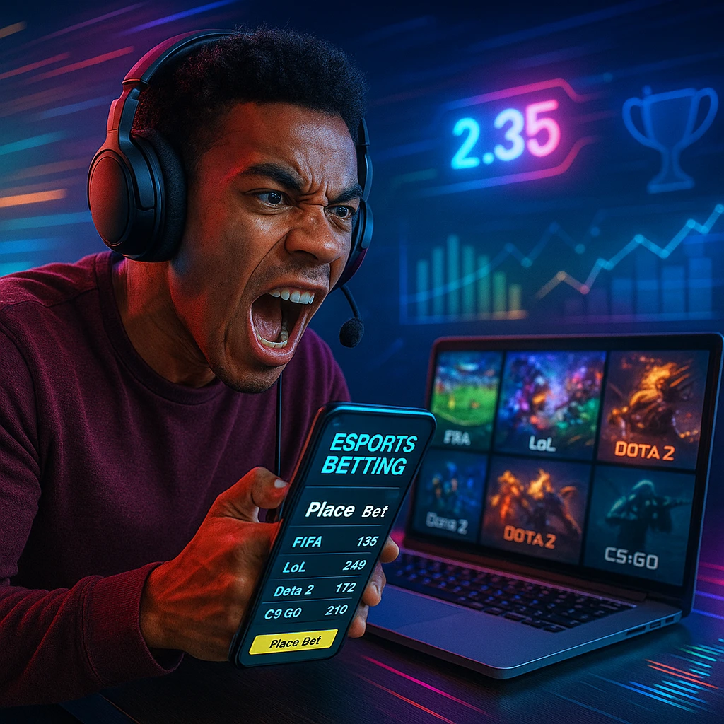 Apostador brasileiro usando SorteNaBet para apostas em esports ao vivo, com destaque para FIFA, LoL, Dota 2 e CSGO no celular e notebook