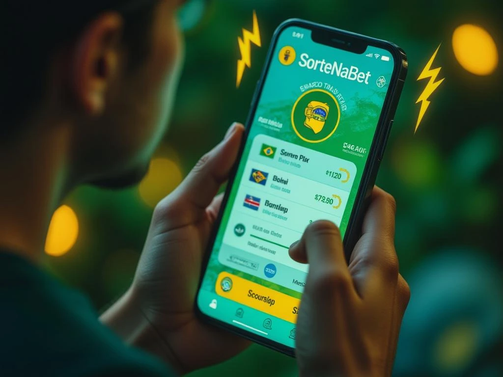 Apostador brasileiro usando SorteNaBet para depósitos e saques rápidos via Pix, boleto, cripto e transferência bancária, com destaque para segurança e velocidade