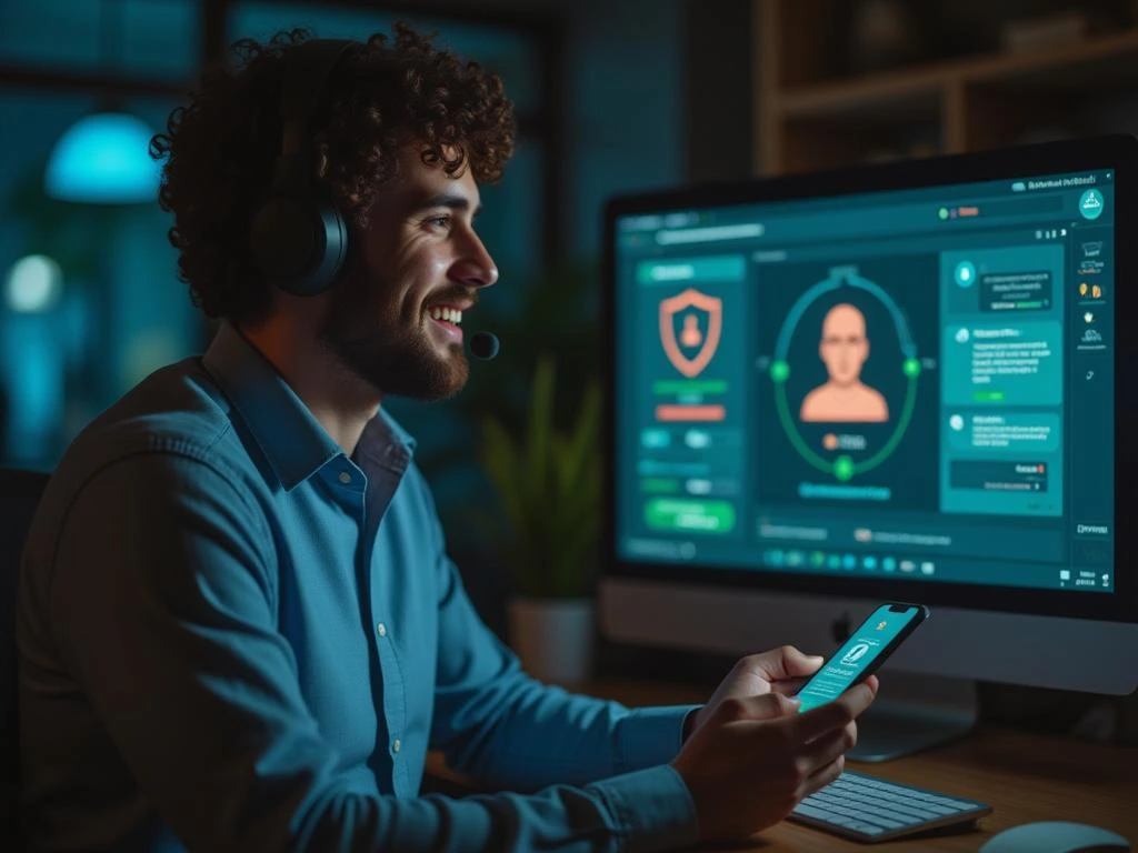 Atendente com headset representando suporte 24h da Sortenabet, ambiente digital seguro com cadeado e escudo, jogador satisfeito com celular