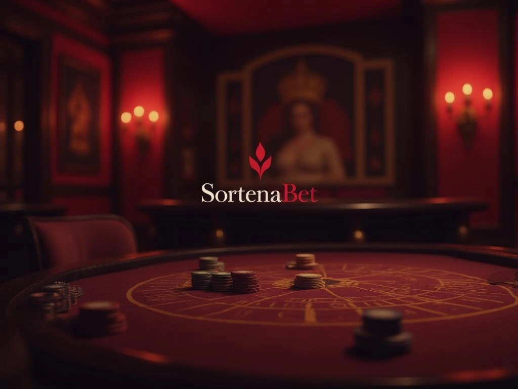 Imagem vibrante mostrando cassino online premium no Brasil, com mesa de roleta ao vivo, crupiê sorridente, cartas de blackjack, fichas coloridas, caça-níqueis 3D ao fundo, moedas douradas, selo VIP e logo Sortenabet no centro, transmitindo luxo, exclusividade e emoção.