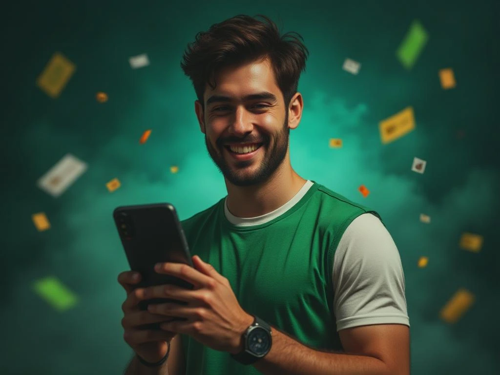 Jogador feliz segurando smartphone com bônus, cashback, giros grátis e promoções exclusivas da Sortenabet, em ambiente digital vibrante, representando apostas online no Brasil