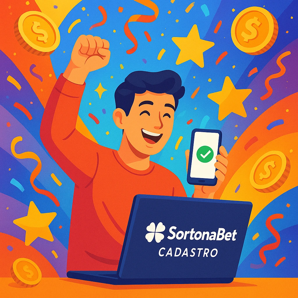Pessoa feliz comemorando após fazer o sortenabet cadastro online, com símbolos de sorte e confetes ao fundo, representando vitória e bônus.